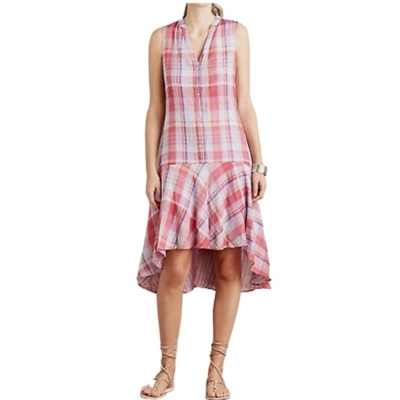 Maeve x Anthropologie - Pippa Swing Dress High Low Pink Plaid With Pockets Sz XS - Picture 1 of 7